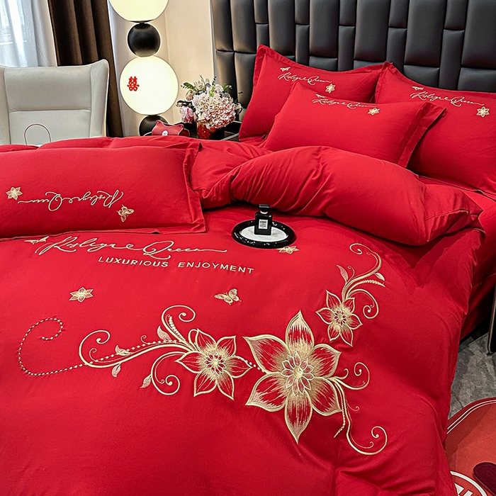 91家纺网 家纺一手货源 找家纺 大麦乐田 2025新款磨毛婚庆大红刺绣床裙款四件套 绮梦 大红