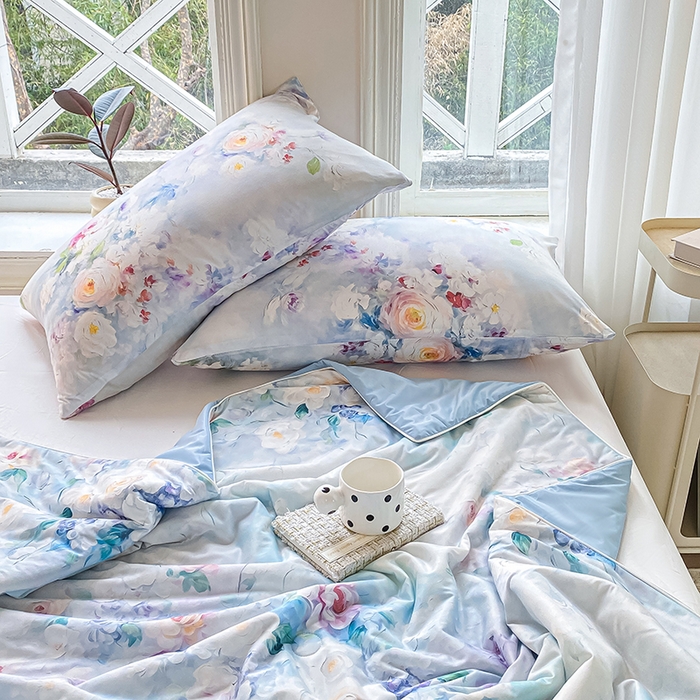 91家纺网 家纺一手货源 找家纺 欧雅搁家纺 2025年新款冷暖双感被大豆纤维填充针织棉夏被空调被夏凉被 浮花半日