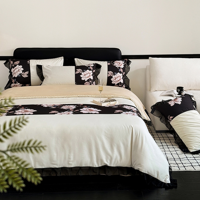 宅家居 2025新款轻法式复古风拼接印花纯棉长绒棉韩式黑色花边40支全棉四件套-赫琳娜 赫琳娜-奶昔白