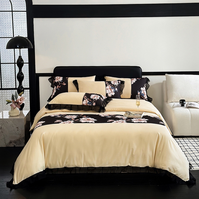 91家纺网 家纺一手货源 找家纺 宅家居 2025新款轻法式复古风拼接印花纯棉长绒棉韩式黑色花边40支全棉四件套-赫琳娜 赫琳娜-香槟金