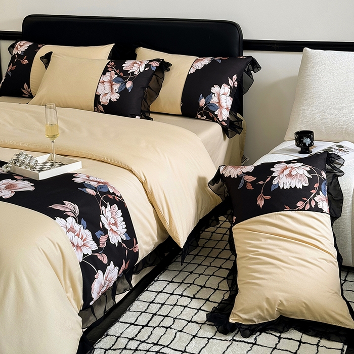 91家纺网 家纺一手货源 找家纺 宅家居 2025新款轻法式复古风拼接印花纯棉长绒棉韩式黑色花边40支全棉四件套-赫琳娜 赫琳娜-香槟金