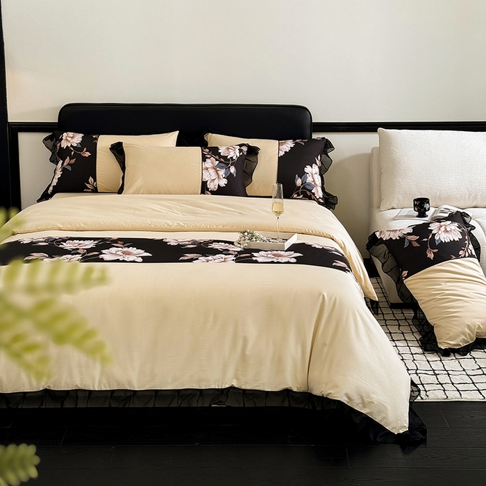 宅家居 2025新款轻法式复古风拼接印花纯棉长绒棉韩式黑色花边40支全棉四件套-赫琳娜 赫琳娜-香槟金