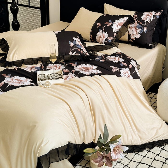 91家纺网 家纺一手货源 找家纺 宅家居 2025新款轻法式复古风拼接印花纯棉长绒棉韩式黑色花边40支全棉四件套-赫琳娜 赫琳娜-香槟金