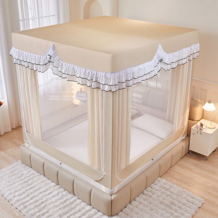 91家纺网 家纺一手货源 找家纺 锦逸家居 2025新款遮光防摔床帘式坐床蚊帐-仲夏之夜 米黄色