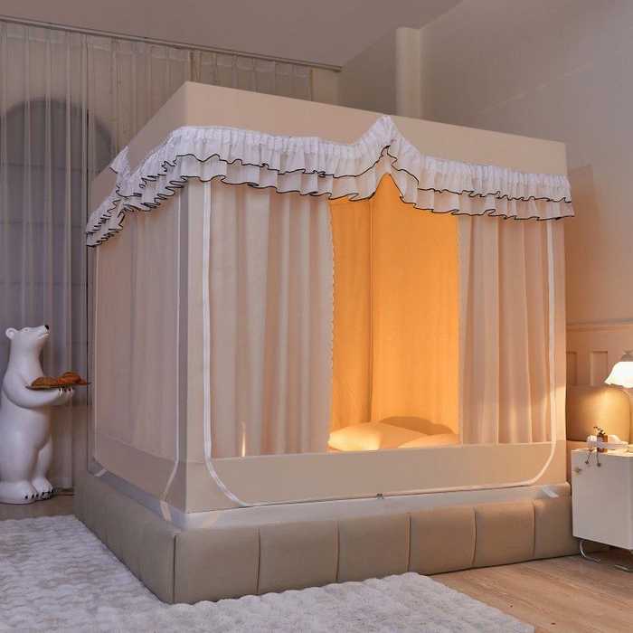 91家纺网 家纺一手货源 找家纺 锦逸家居 2025新款遮光防摔床帘式坐床蚊帐-仲夏之夜 米黄色