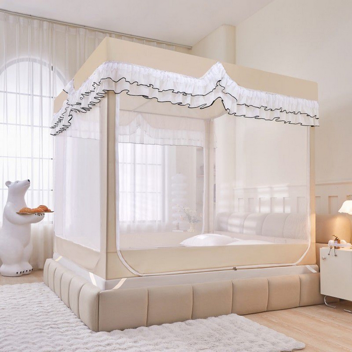 91家纺网 家纺一手货源 找家纺 锦逸家居 2025新款遮光防摔床帘式坐床蚊帐-仲夏之夜 米黄色