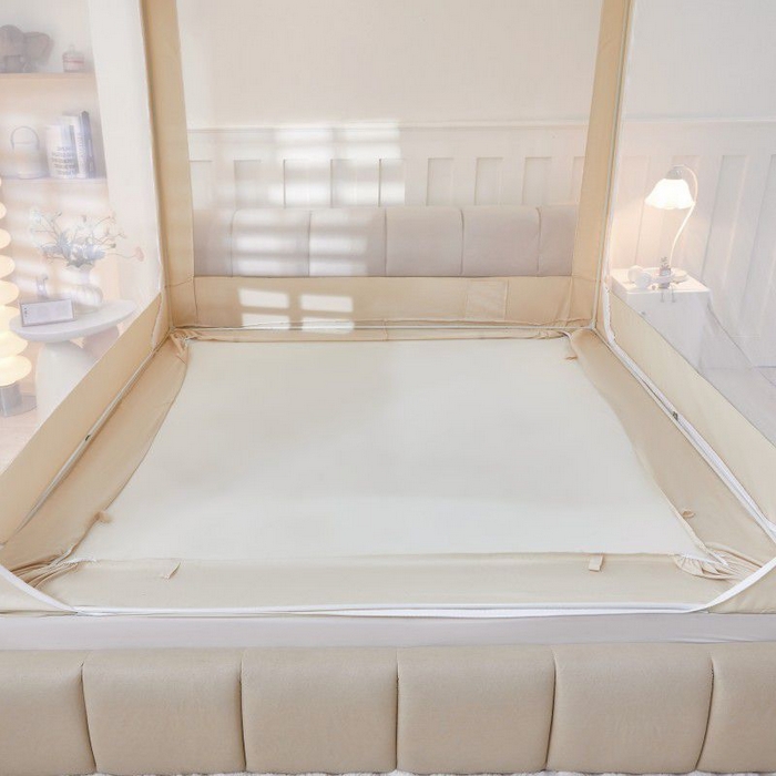 91家纺网 家纺一手货源 找家纺 锦逸家居 2025新款遮光防摔床帘式坐床蚊帐-仲夏之夜 米黄色