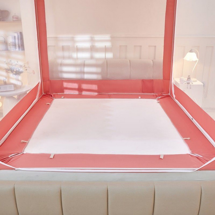 91家纺网 家纺一手货源 找家纺 锦逸家居 2025新款遮光防摔床帘式坐床蚊帐-仲夏之夜 粉色