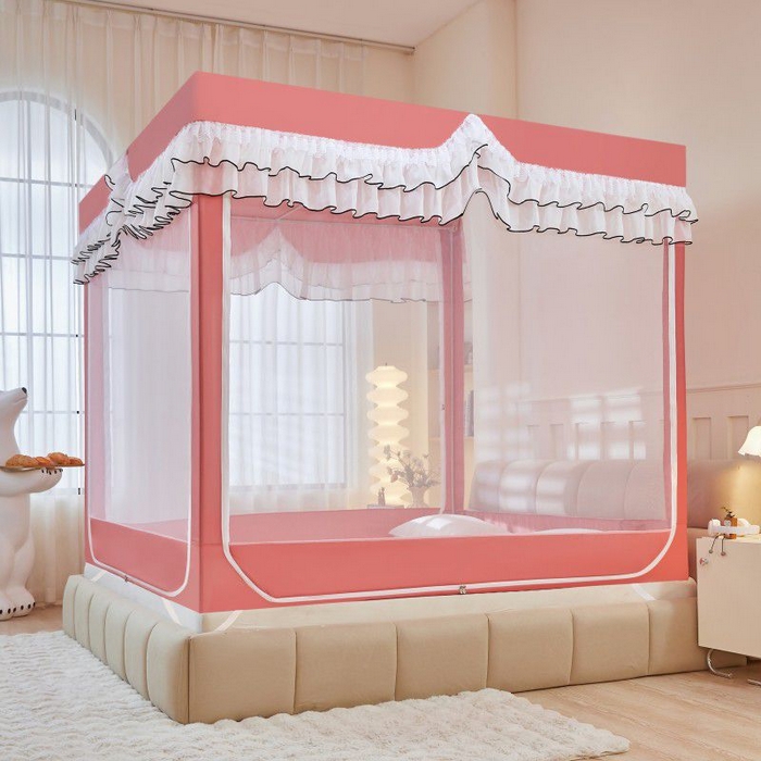 91家纺网 家纺一手货源 找家纺 锦逸家居 2025新款遮光防摔床帘式坐床蚊帐-仲夏之夜 粉色