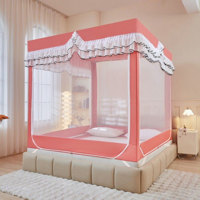 91家纺网 家纺一手货源 找家纺 锦逸家居 2025新款遮光防摔床帘式坐床蚊帐-仲夏之夜 粉色