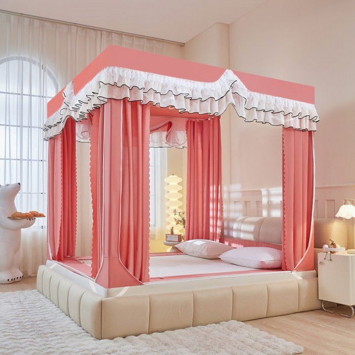 91家纺网 家纺一手货源 找家纺 锦逸家居 2025新款遮光防摔床帘式坐床蚊帐-仲夏之夜 粉色