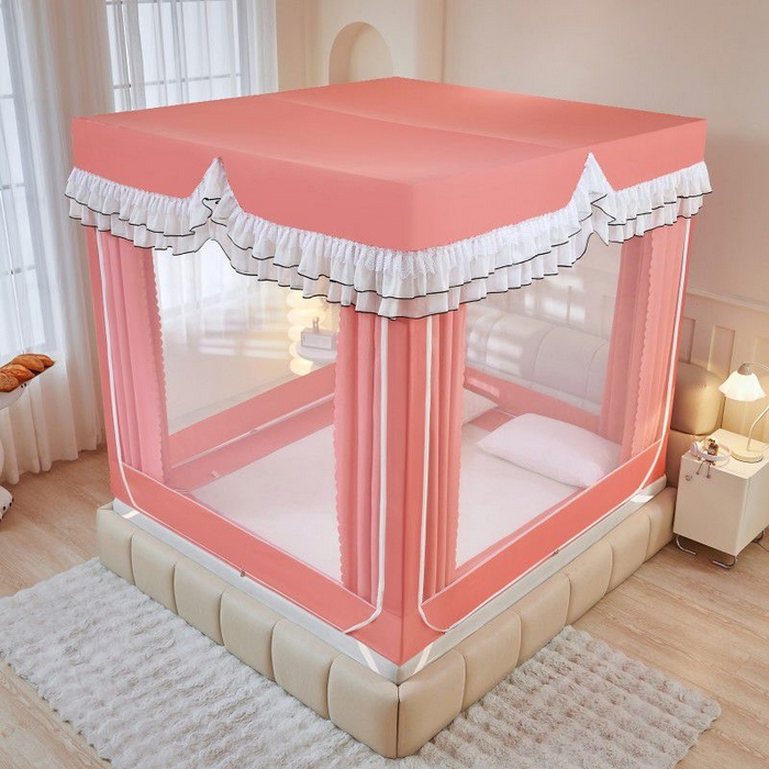 91家纺网 家纺一手货源 找家纺 锦逸家居 2025新款遮光防摔床帘式坐床蚊帐-仲夏之夜 粉色