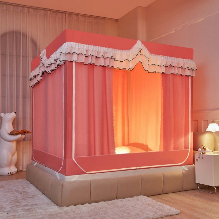 91家纺网 家纺一手货源 找家纺 锦逸家居 2025新款遮光防摔床帘式坐床蚊帐-仲夏之夜 粉色