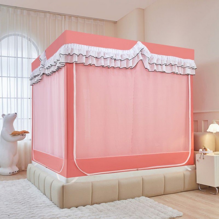 91家纺网 家纺一手货源 找家纺 锦逸家居 2025新款遮光防摔床帘式坐床蚊帐-仲夏之夜 粉色