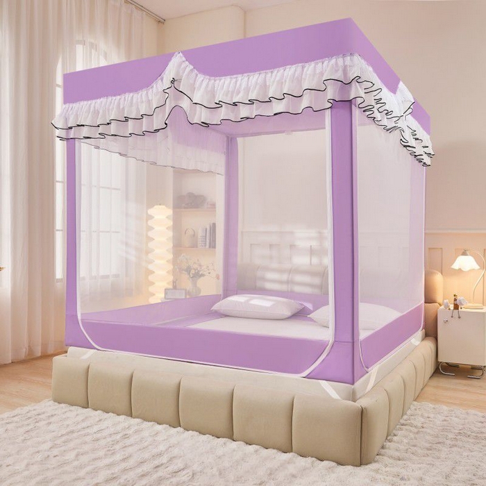 91家纺网 家纺一手货源 找家纺 锦逸家居 2025新款遮光防摔床帘式坐床蚊帐-仲夏之夜 浅紫色