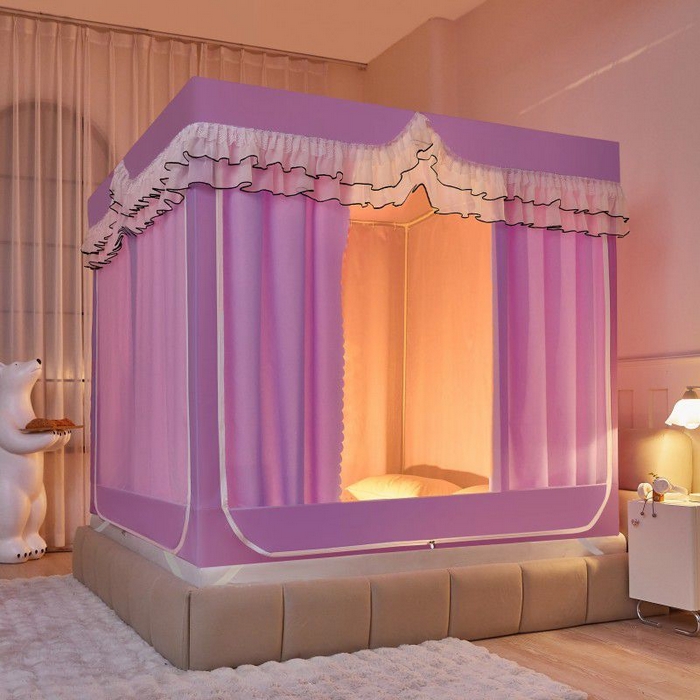 91家纺网 家纺一手货源 找家纺 锦逸家居 2025新款遮光防摔床帘式坐床蚊帐-仲夏之夜 浅紫色