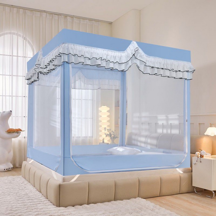 91家纺网 家纺一手货源 找家纺 锦逸家居 2025新款遮光防摔床帘式坐床蚊帐-仲夏之夜 天蓝色