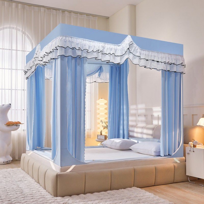 91家纺网 家纺一手货源 找家纺 锦逸家居 2025新款遮光防摔床帘式坐床蚊帐-仲夏之夜 天蓝色