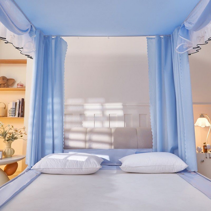 91家纺网 家纺一手货源 找家纺 锦逸家居 2025新款遮光防摔床帘式坐床蚊帐-仲夏之夜 天蓝色