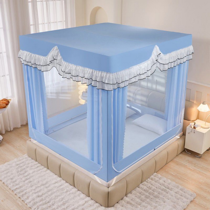 91家纺网 家纺一手货源 找家纺 锦逸家居 2025新款遮光防摔床帘式坐床蚊帐-仲夏之夜 天蓝色