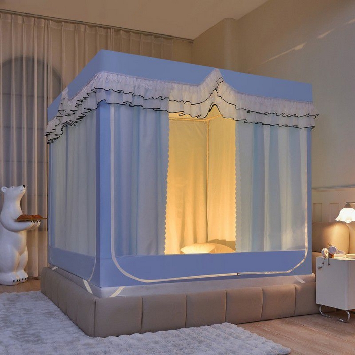 91家纺网 家纺一手货源 找家纺 锦逸家居 2025新款遮光防摔床帘式坐床蚊帐-仲夏之夜 天蓝色