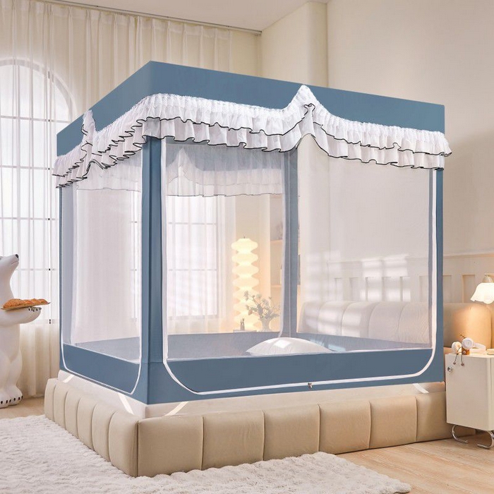 91家纺网 家纺一手货源 找家纺 锦逸家居 2025新款遮光防摔床帘式坐床蚊帐-仲夏之夜 雾霾蓝