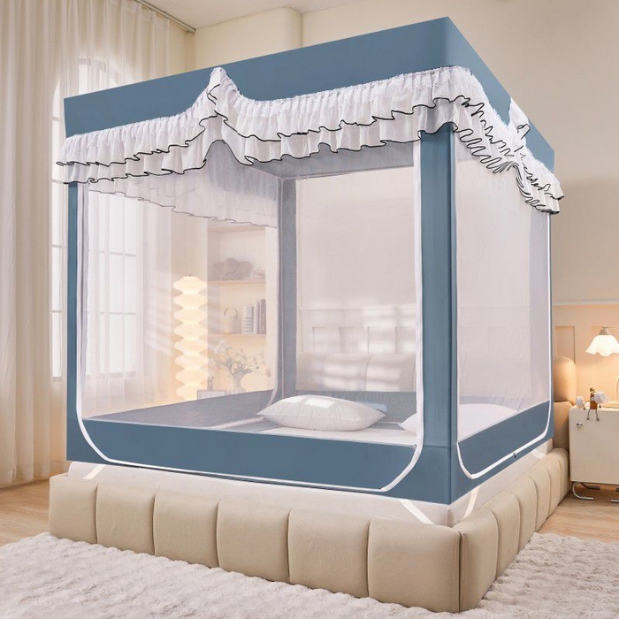 91家纺网 家纺一手货源 找家纺 锦逸家居 2025新款遮光防摔床帘式坐床蚊帐-仲夏之夜 雾霾蓝