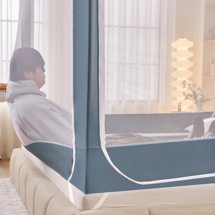 91家纺网 家纺一手货源 找家纺 锦逸家居 2025新款遮光防摔床帘式坐床蚊帐-仲夏之夜 雾霾蓝