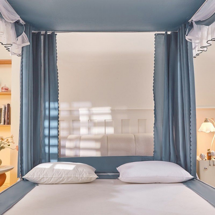 91家纺网 家纺一手货源 找家纺 锦逸家居 2025新款遮光防摔床帘式坐床蚊帐-仲夏之夜 雾霾蓝