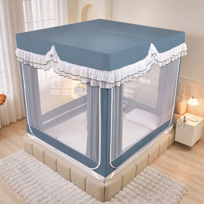 91家纺网 家纺一手货源 找家纺 锦逸家居 2025新款遮光防摔床帘式坐床蚊帐-仲夏之夜 雾霾蓝