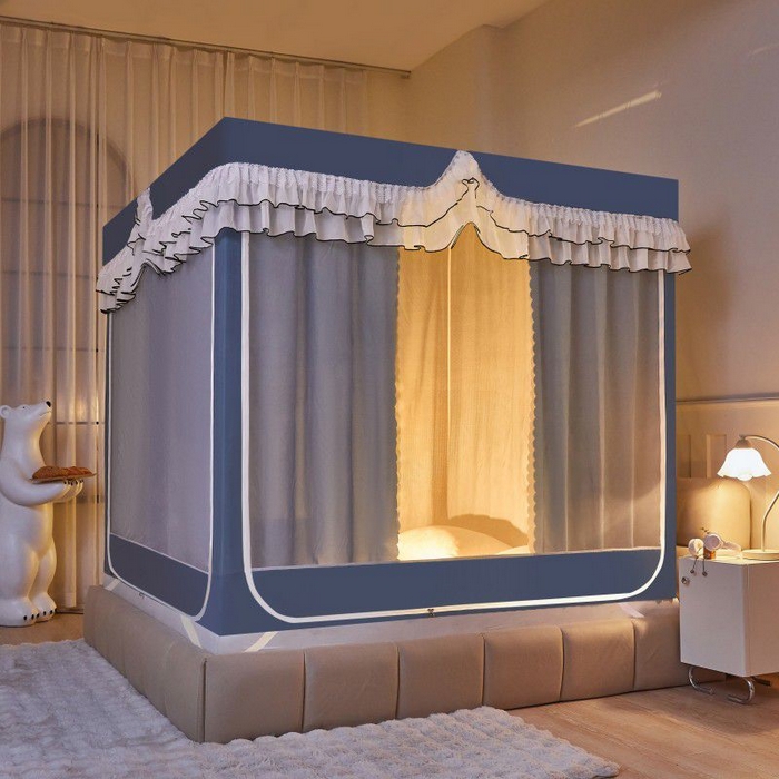 91家纺网 家纺一手货源 找家纺 锦逸家居 2025新款遮光防摔床帘式坐床蚊帐-仲夏之夜 雾霾蓝