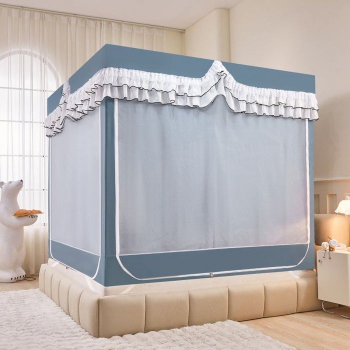 91家纺网 家纺一手货源 找家纺 锦逸家居 2025新款遮光防摔床帘式坐床蚊帐-仲夏之夜 雾霾蓝