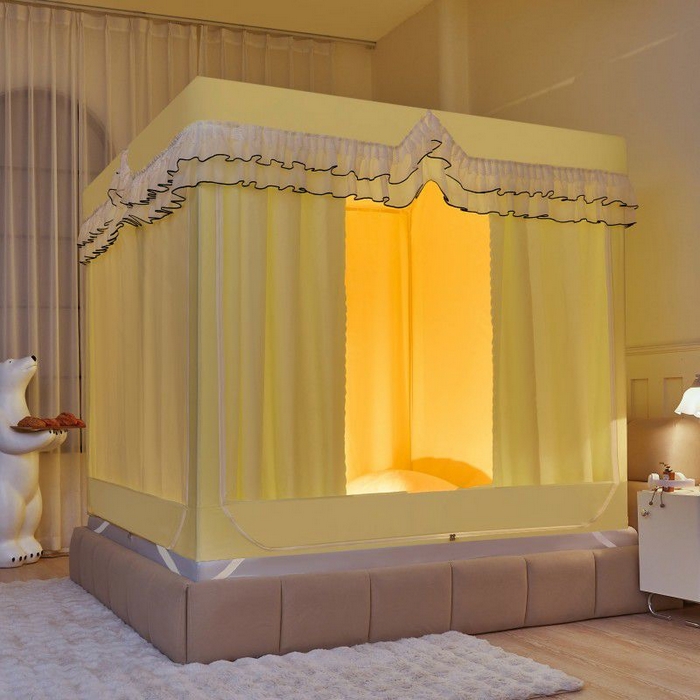 91家纺网 家纺一手货源 找家纺 锦逸家居 2025新款遮光防摔床帘式坐床蚊帐-仲夏之夜 荧光黄