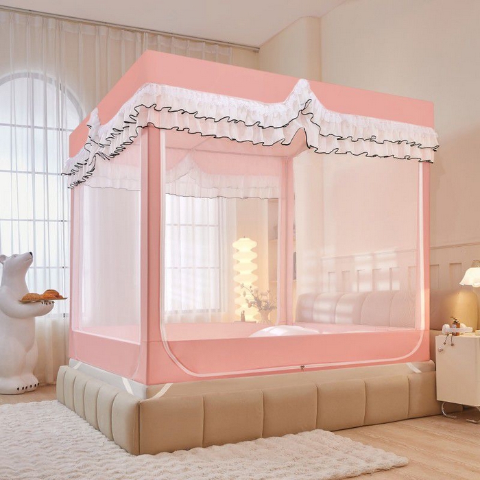 91家纺网 家纺一手货源 找家纺 锦逸家居 2025新款遮光防摔床帘式坐床蚊帐-仲夏之夜 玉色