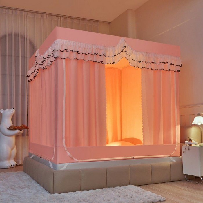 91家纺网 家纺一手货源 找家纺 锦逸家居 2025新款遮光防摔床帘式坐床蚊帐-仲夏之夜 玉色