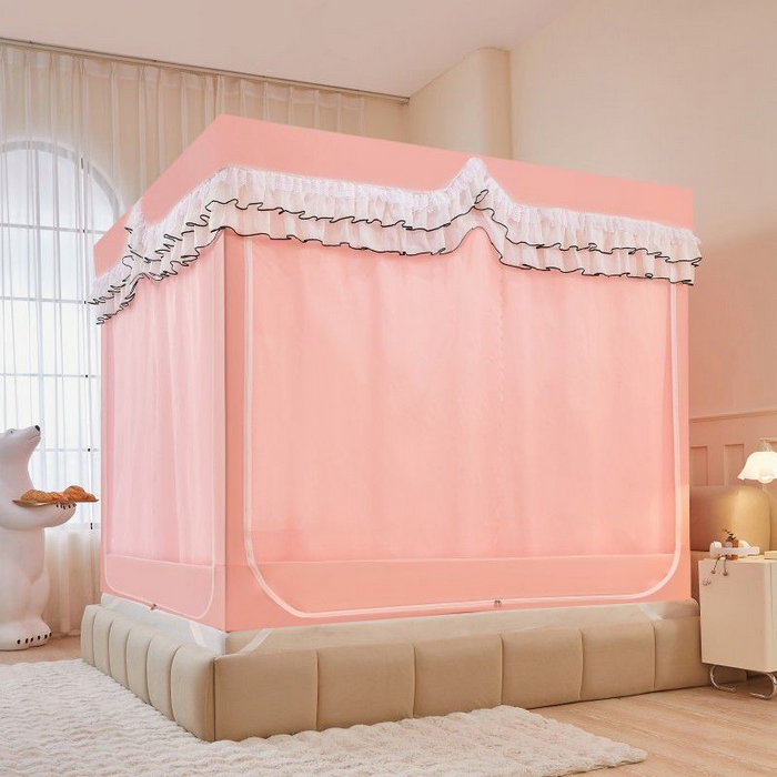 91家纺网 家纺一手货源 找家纺 锦逸家居 2025新款遮光防摔床帘式坐床蚊帐-仲夏之夜 玉色