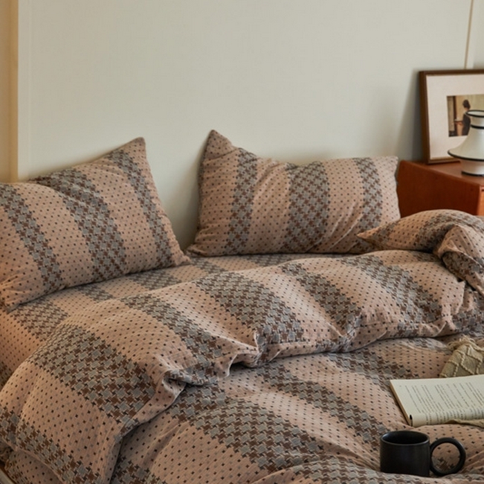 91家纺网 家纺一手货源 找家纺 云雀 2025新款A类全棉色织双层纱四件套 格林-豆纱