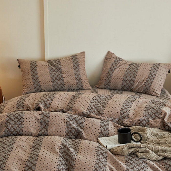 91家纺网 家纺一手货源 找家纺 云雀 2025新款A类全棉色织双层纱四件套 格林-豆纱