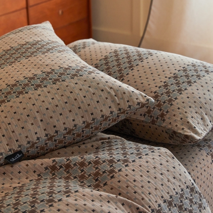 91家纺网 家纺一手货源 找家纺 云雀 2025新款A类全棉色织双层纱四件套 格林-豆纱