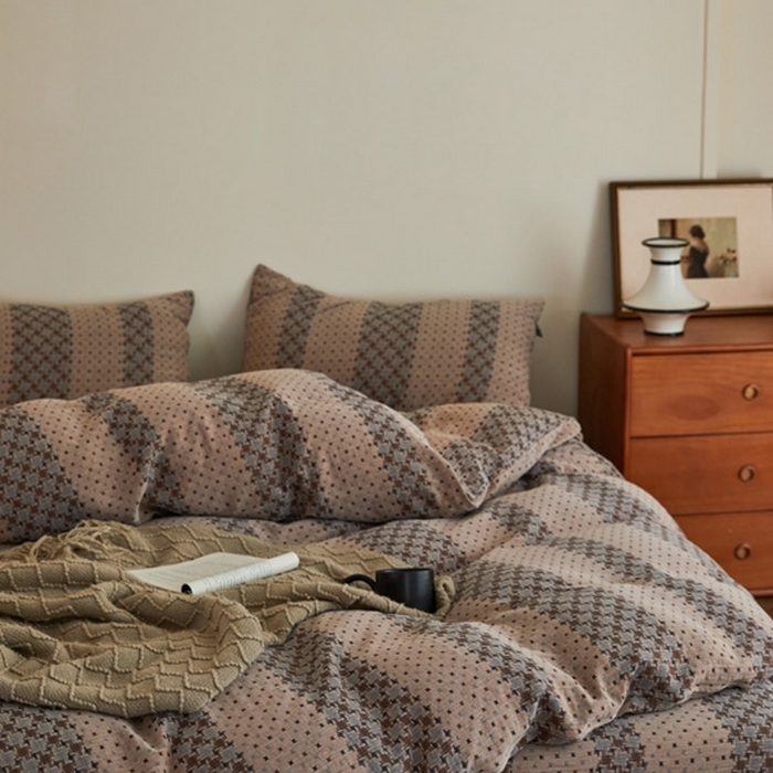 91家纺网 家纺一手货源 找家纺 云雀 2025新款A类全棉色织双层纱四件套 格林-豆纱