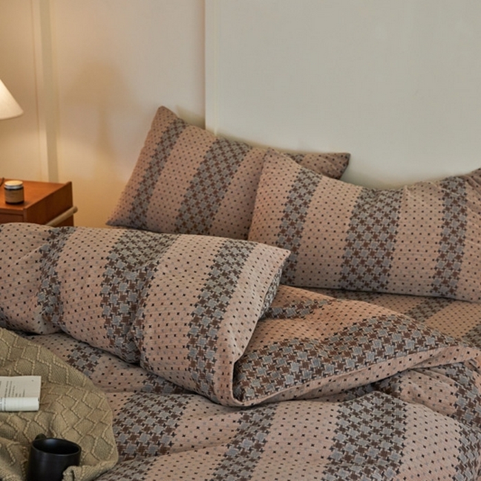 91家纺网 家纺一手货源 找家纺 云雀 2025新款A类全棉色织双层纱四件套 格林-豆纱