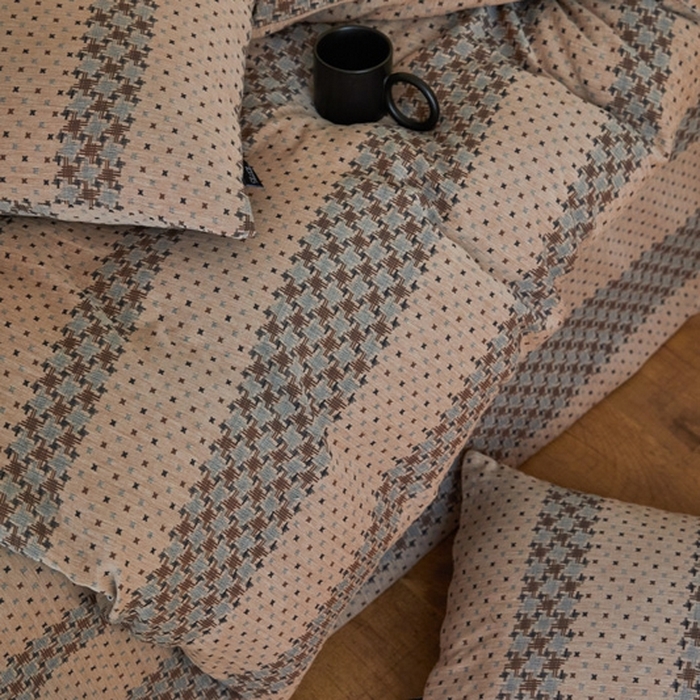 91家纺网 家纺一手货源 找家纺 云雀 2025新款A类全棉色织双层纱四件套 格林-豆纱