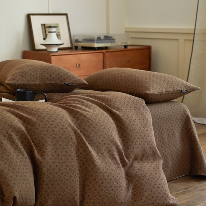 91家纺网 家纺一手货源 找家纺 云雀 2025新款A类全棉色织双层纱四件套 格林-咖色