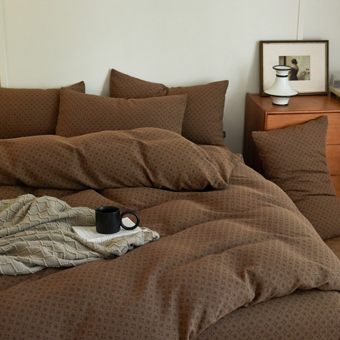 91家纺网 家纺一手货源 找家纺 云雀 2025新款A类全棉色织双层纱四件套 格林-咖色