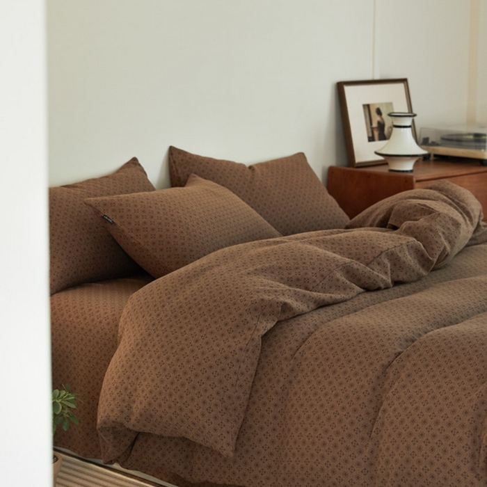 91家纺网 家纺一手货源 找家纺 云雀 2025新款A类全棉色织双层纱四件套 格林-咖色