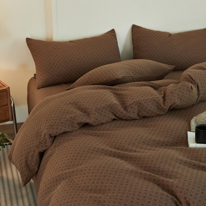 91家纺网 家纺一手货源 找家纺 云雀 2025新款A类全棉色织双层纱四件套 格林-咖色