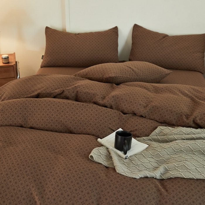 91家纺网 家纺一手货源 找家纺 云雀 2025新款A类全棉色织双层纱四件套 格林-咖色