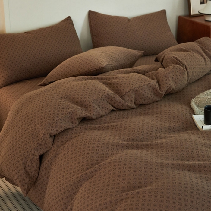 91家纺网 家纺一手货源 找家纺 云雀 2025新款A类全棉色织双层纱四件套 格林-咖色