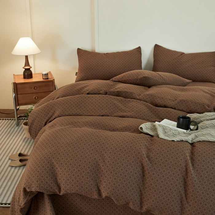 91家纺网 家纺一手货源 找家纺 云雀 2025新款A类全棉色织双层纱四件套 格林-咖色