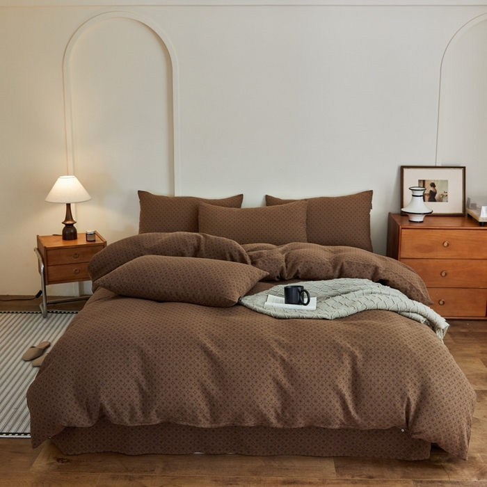 云雀 2025新款A类全棉色织双层纱四件套 格林-咖色